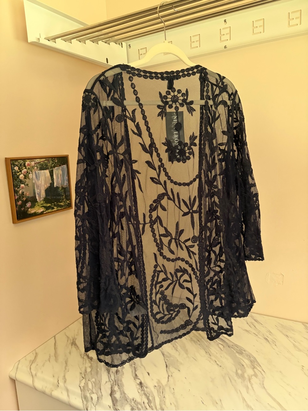 NWT Nina Leonard Navy Blue Sheer Floral Lace Duster 2x